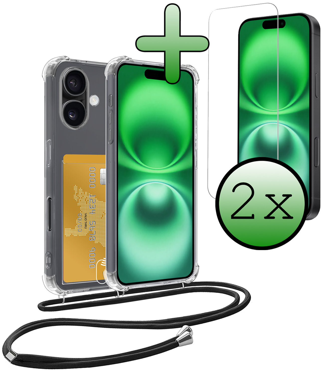 BASEY. Hoes Geschikt voor iPhone 16 Hoesje Pas Houder Shock Proof Case Hoes Met Koord Met 2x Screenprotector - Hoesje Geschikt voor iPhone 16 Hoes Met Telefoonkoord Pasjeshouder Cover - Transparant