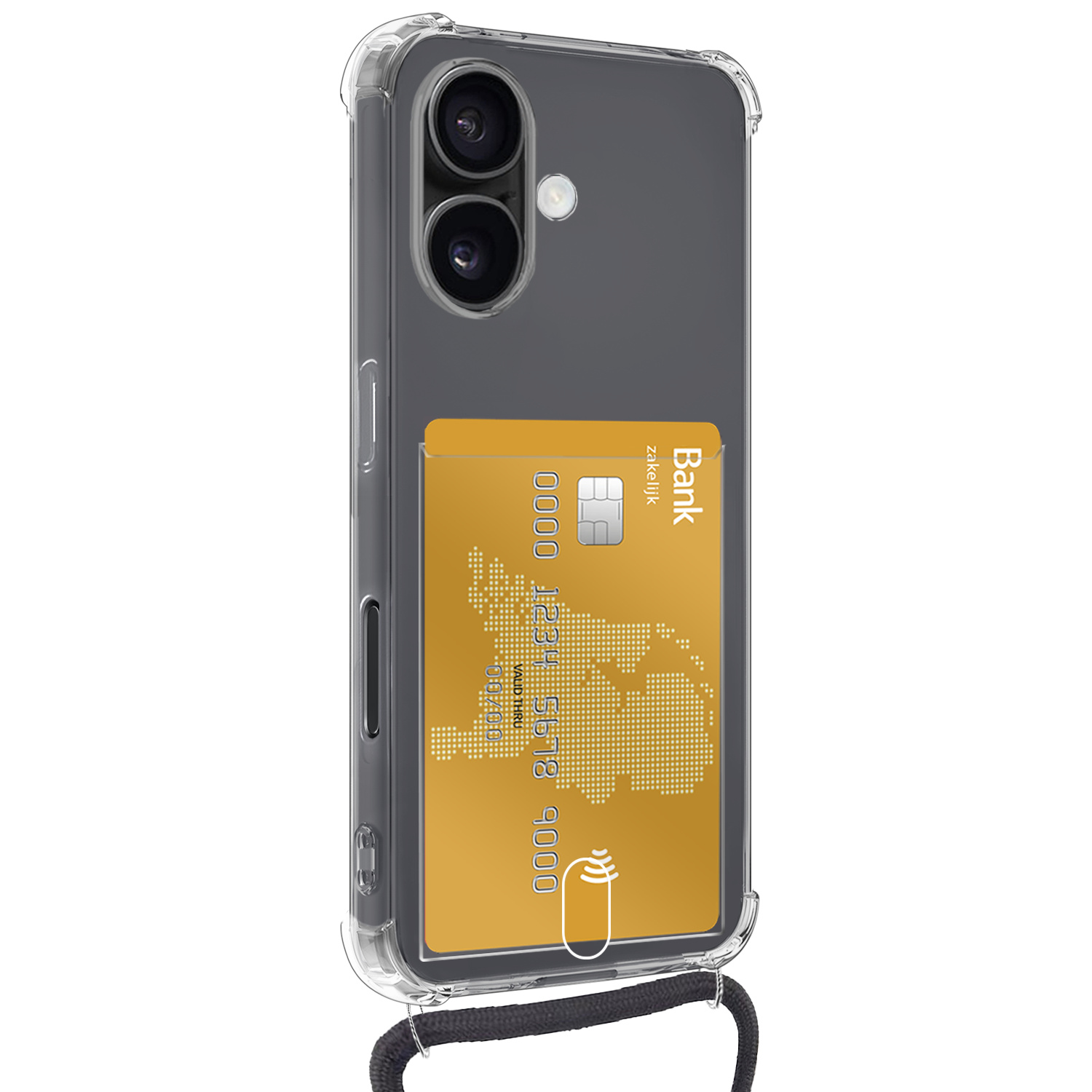 BASEY. Hoes Geschikt voor iPhone 16 Hoesje Pas Houder Shock Proof Case Hoes Met Koord Met 2x Screenprotector - Hoesje Geschikt voor iPhone 16 Hoes Met Telefoonkoord Pasjeshouder Cover - Transparant