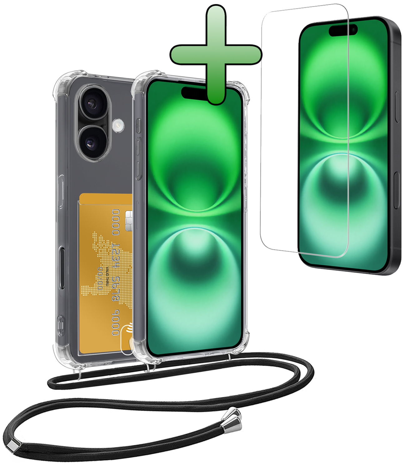 BASEY. Hoes Geschikt voor iPhone 16 Plus Hoesje Pas Houder Shock Proof Case Hoes Met Koord Met Screenprotector - Hoesje Geschikt voor iPhone 16 Plus Hoes Met Telefoonkoord Pasjeshouder Cover - Transparant
