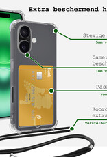 BASEY. Hoes Geschikt voor iPhone 16 Plus Hoesje Pas Houder Shock Proof Case Hoes Met Koord Met 2x Screenprotector - Hoesje Geschikt voor iPhone 16 Plus Hoes Met Telefoonkoord Pasjeshouder Cover - Transparant