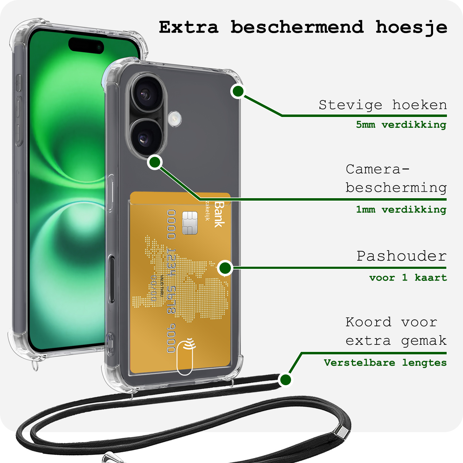 BASEY. Hoes Geschikt voor iPhone 16 Plus Hoesje Pas Houder Shock Proof Case Hoes Met Koord Met 2x Screenprotector - Hoesje Geschikt voor iPhone 16 Plus Hoes Met Telefoonkoord Pasjeshouder Cover - Transparant