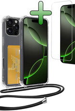 BASEY. Hoes Geschikt voor iPhone 16 Pro Hoesje Pas Houder Shock Proof Case Hoes Met Koord Met Screenprotector - Hoesje Geschikt voor iPhone 16 Pro Hoes Met Telefoonkoord Pasjeshouder Cover - Transparant