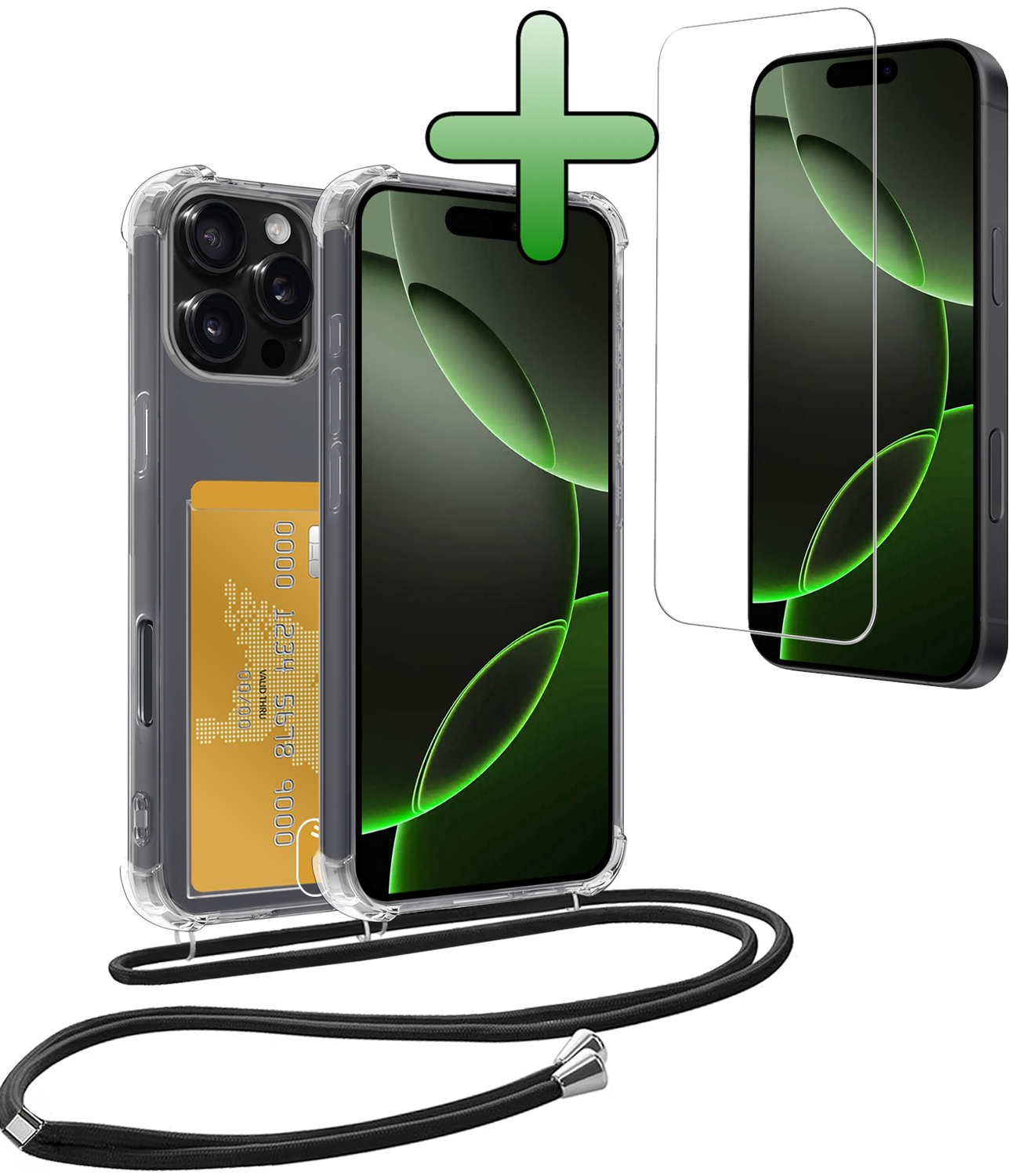 BASEY. Hoes Geschikt voor iPhone 16 Pro Hoesje Pas Houder Shock Proof Case Hoes Met Koord Met Screenprotector - Hoesje Geschikt voor iPhone 16 Pro Hoes Met Telefoonkoord Pasjeshouder Cover - Transparant