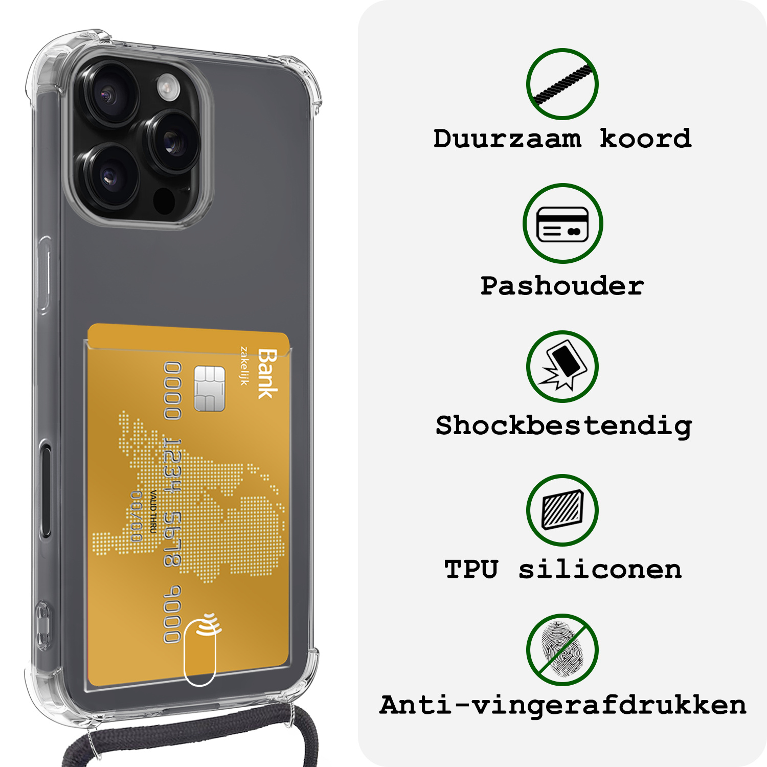 BASEY. Hoes Geschikt voor iPhone 16 Pro Hoesje Pas Houder Shock Proof Case Hoes Met Koord Met Screenprotector - Hoesje Geschikt voor iPhone 16 Pro Hoes Met Telefoonkoord Pasjeshouder Cover - Transparant