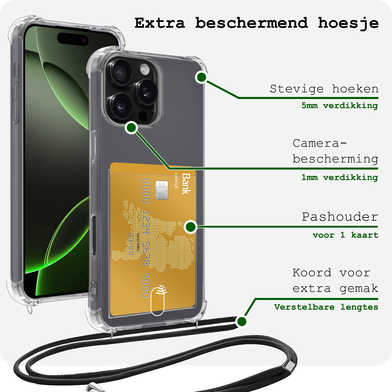 BASEY. Hoes Geschikt voor iPhone 16 Pro Hoesje Pas Houder Shock Proof Case Hoes Met Koord Met Screenprotector - Hoesje Geschikt voor iPhone 16 Pro Hoes Met Telefoonkoord Pasjeshouder Cover - Transparant