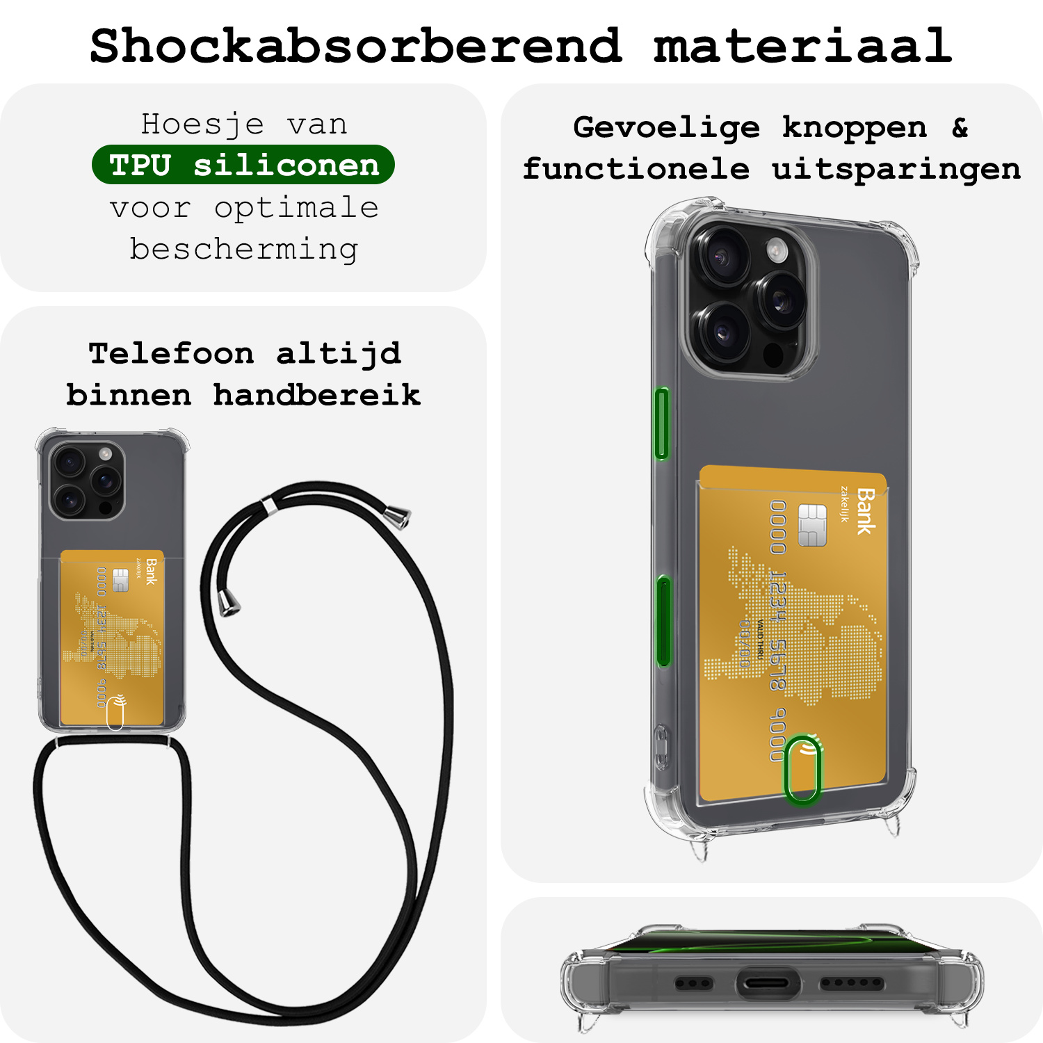 BASEY. Hoes Geschikt voor iPhone 16 Pro Hoesje Pas Houder Shock Proof Case Hoes Met Koord Met Screenprotector - Hoesje Geschikt voor iPhone 16 Pro Hoes Met Telefoonkoord Pasjeshouder Cover - Transparant