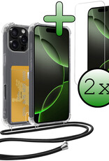 BASEY. Hoes Geschikt voor iPhone 16 Pro Hoesje Pas Houder Shock Proof Case Hoes Met Koord Met 2x Screenprotector - Hoesje Geschikt voor iPhone 16 Pro Hoes Met Telefoonkoord Pasjeshouder Cover - Transparant