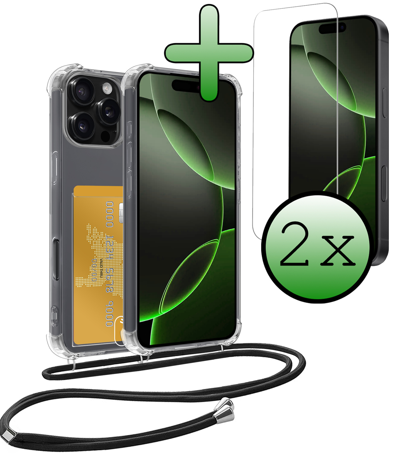 BASEY. Hoes Geschikt voor iPhone 16 Pro Hoesje Pas Houder Shock Proof Case Hoes Met Koord Met 2x Screenprotector - Hoesje Geschikt voor iPhone 16 Pro Hoes Met Telefoonkoord Pasjeshouder Cover - Transparant