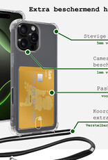 BASEY. Hoes Geschikt voor iPhone 16 Pro Hoesje Pas Houder Shock Proof Case Hoes Met Koord Met 2x Screenprotector - Hoesje Geschikt voor iPhone 16 Pro Hoes Met Telefoonkoord Pasjeshouder Cover - Transparant