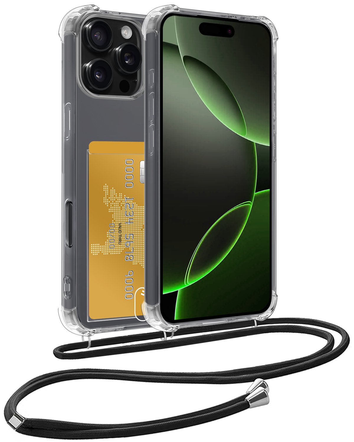 BASEY. Hoes Geschikt voor iPhone 16 Pro Max Hoesje Pas Houder Shock Proof Case Hoes Met Koord - Hoesje Geschikt voor iPhone 16 Pro Max Hoes Met Telefoonkoord Pasjeshouder Cover - Transparant