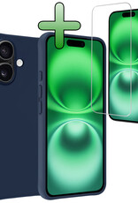BASEY. Hoes Geschikt voor iPhone 16 Hoesje Siliconen Back Cover Case Met Screenprotector - Hoesje Geschikt voor iPhone 16 Hoes Cover Hoesje - Donkerblauw