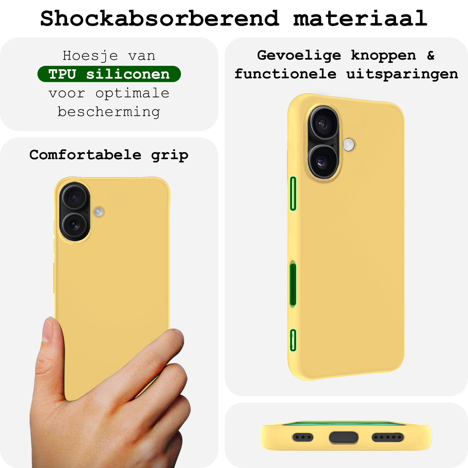 BASEY. Hoes Geschikt voor iPhone 16 Hoesje Siliconen Back Cover Case Met Screenprotector - Hoesje Geschikt voor iPhone 16 Hoes Cover Hoesje - Geel