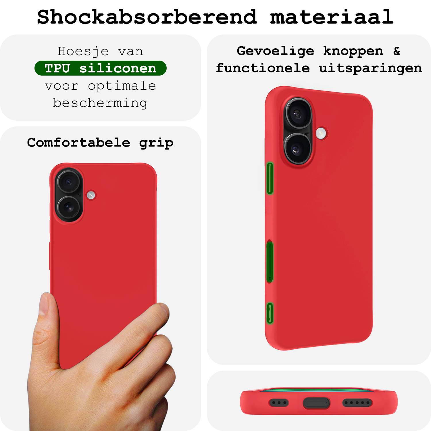 BASEY. Hoes Geschikt voor iPhone 16 Hoesje Siliconen Back Cover Case Met Screenprotector - Hoesje Geschikt voor iPhone 16 Hoes Cover Hoesje - Rood