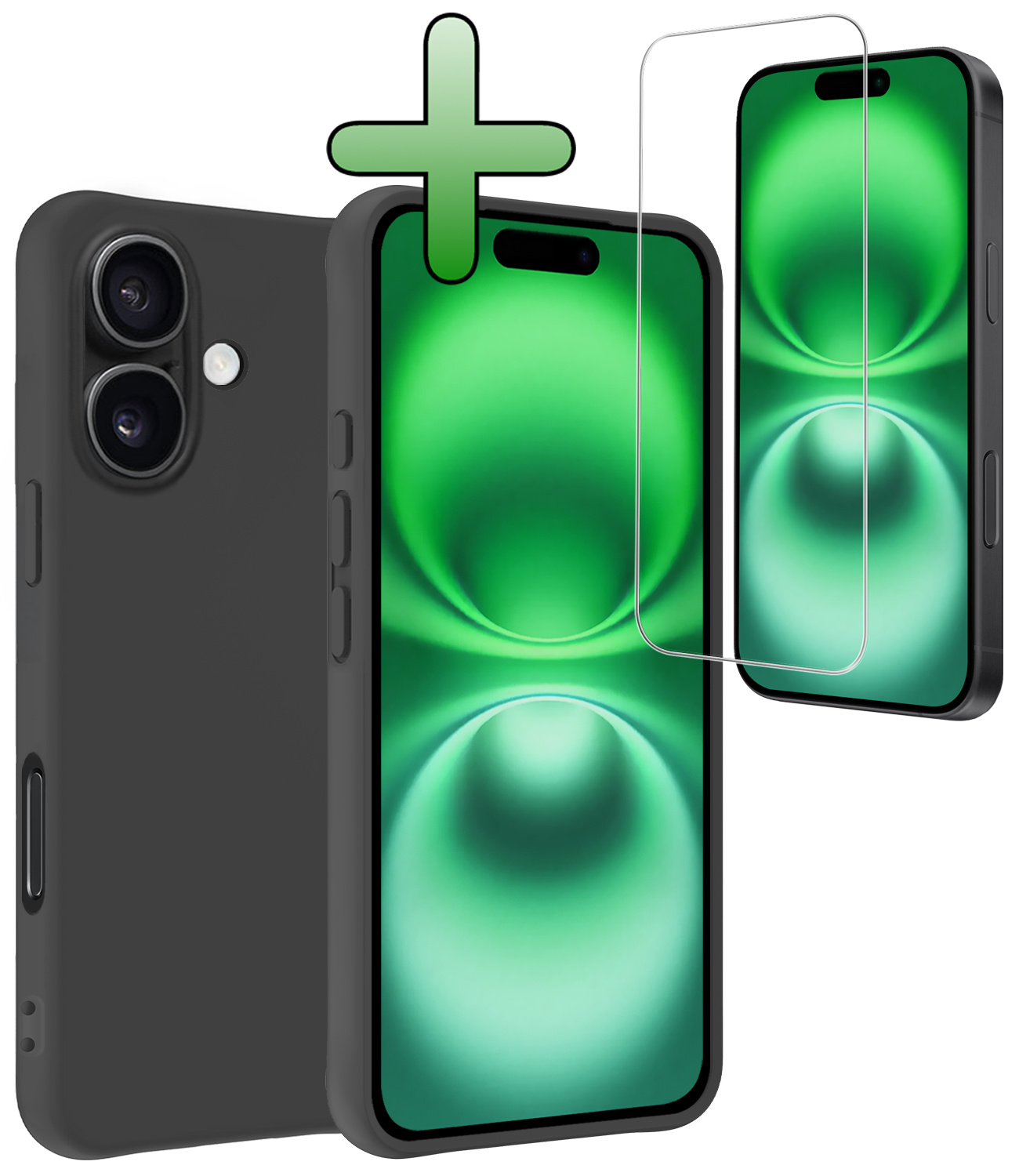 BASEY. Hoes Geschikt voor iPhone 16 Hoesje Siliconen Back Cover Case Met Screenprotector - Hoesje Geschikt voor iPhone 16 Hoes Cover Hoesje - Zwart