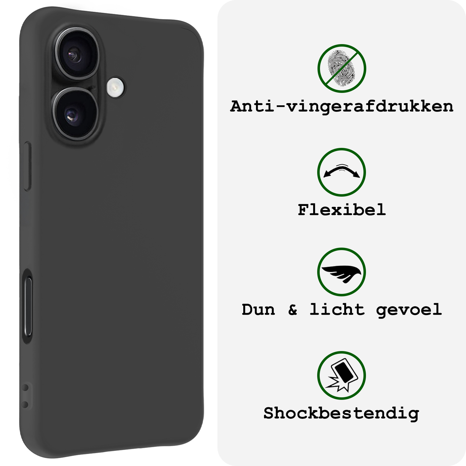 BASEY. Hoes Geschikt voor iPhone 16 Hoesje Siliconen Back Cover Case Met Screenprotector - Hoesje Geschikt voor iPhone 16 Hoes Cover Hoesje - Zwart