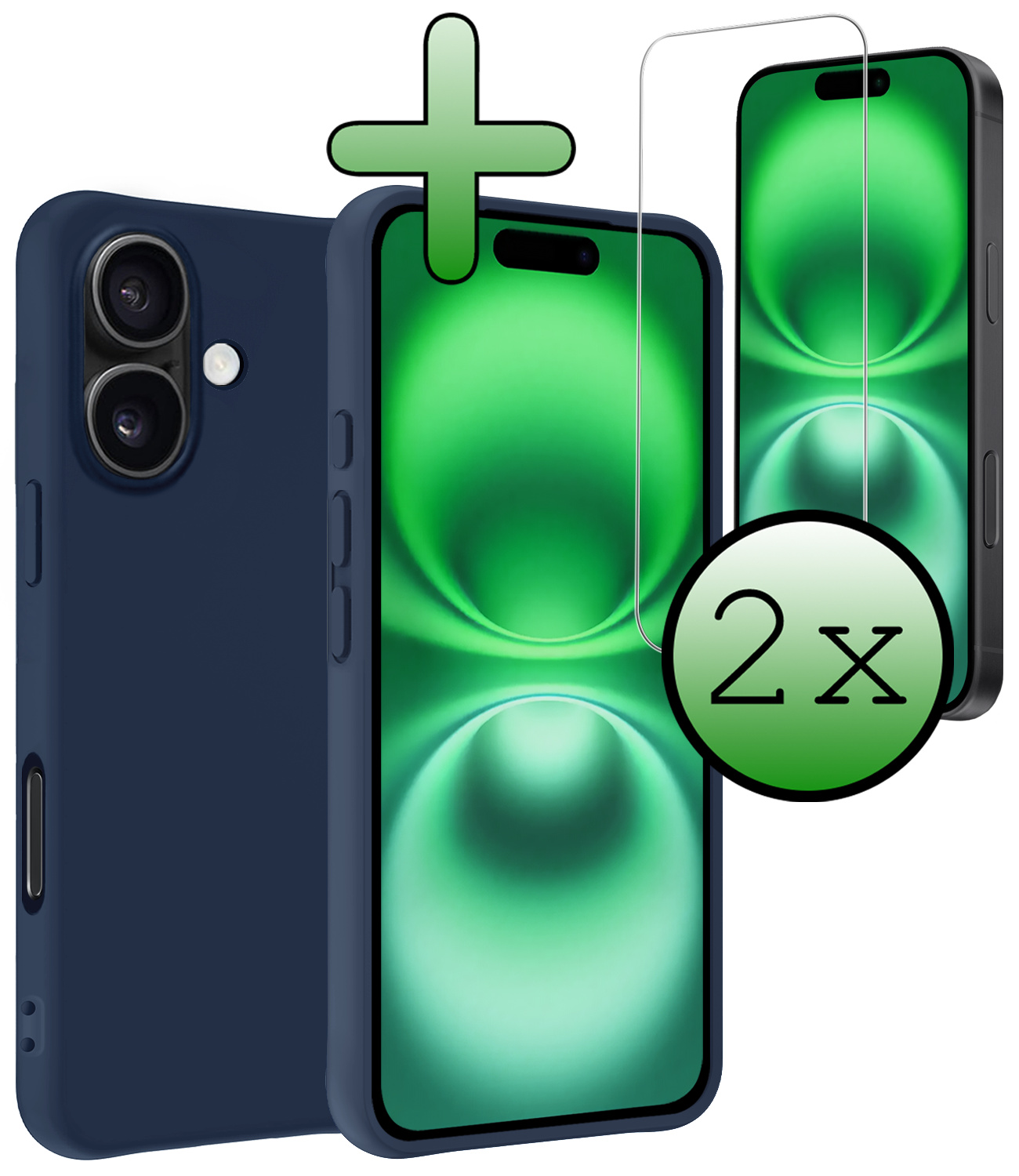 BASEY. Hoes Geschikt voor iPhone 16 Hoesje Siliconen Back Cover Case Met 2x Screenprotector - Hoesje Geschikt voor iPhone 16 Hoes Cover Hoesje - Donkerblauw