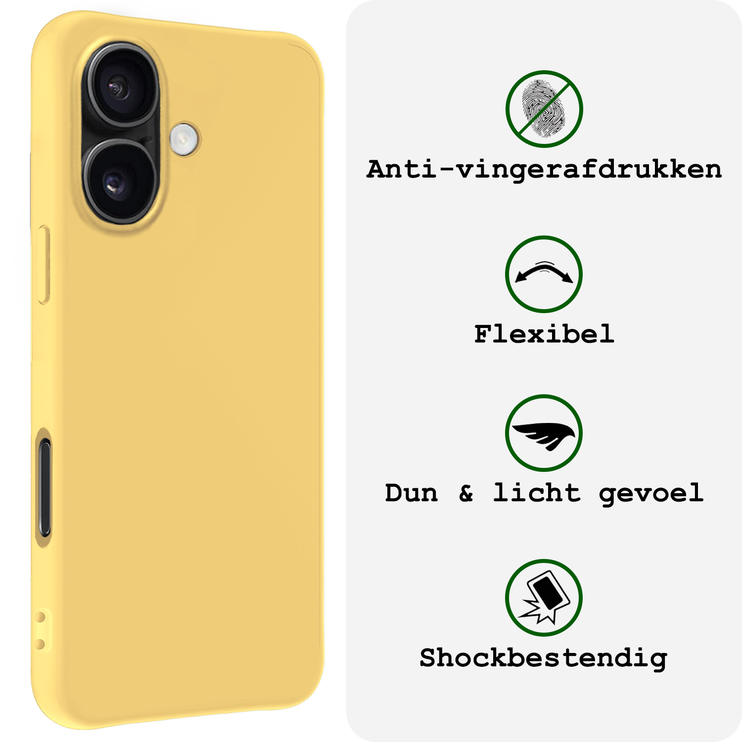 BASEY. Hoes Geschikt voor iPhone 16 Hoesje Siliconen Back Cover Case Met 2x Screenprotector - Hoesje Geschikt voor iPhone 16 Hoes Cover Hoesje - Geel
