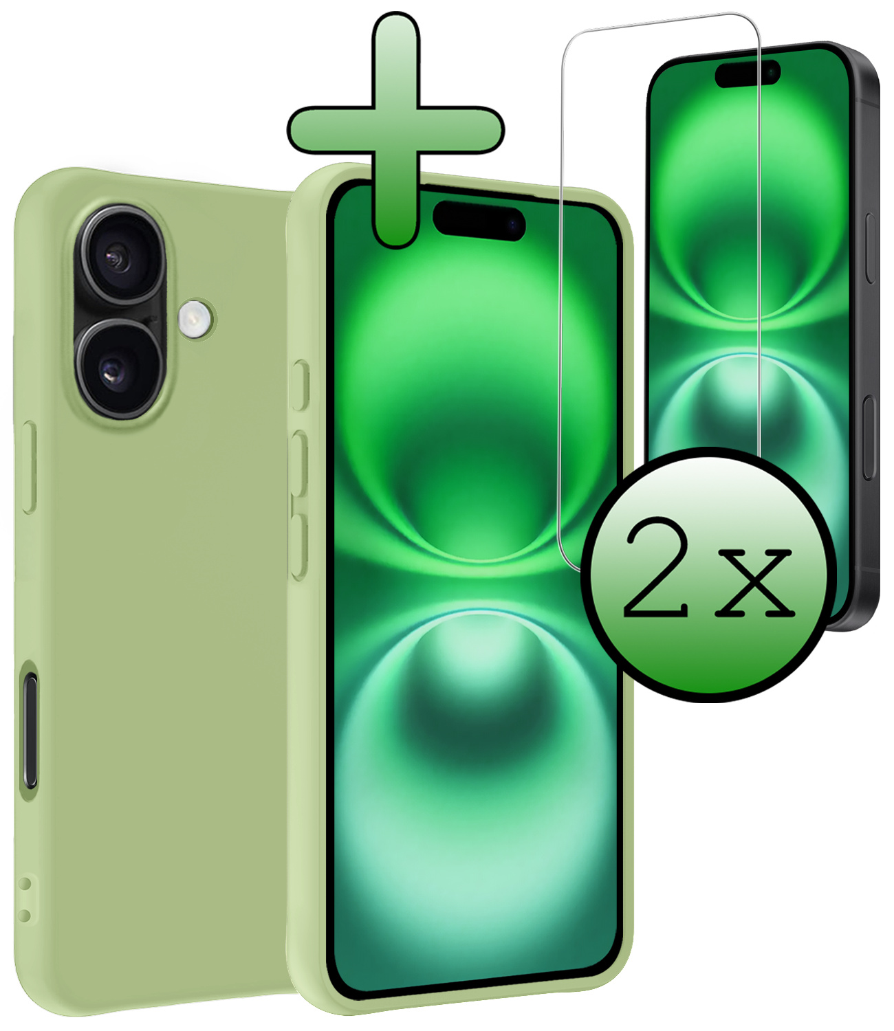 BASEY. Hoes Geschikt voor iPhone 16 Hoesje Siliconen Back Cover Case Met 2x Screenprotector - Hoesje Geschikt voor iPhone 16 Hoes Cover Hoesje - Groen