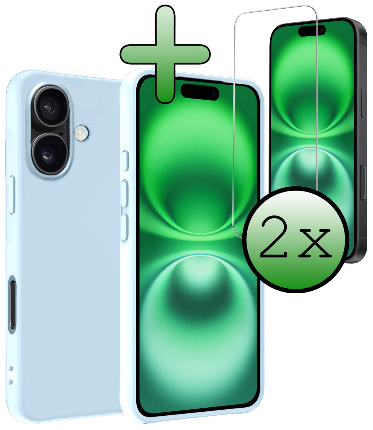 BASEY. Hoes Geschikt voor iPhone 16 Hoesje Siliconen Back Cover Case Met 2x Screenprotector - Hoesje Geschikt voor iPhone 16 Hoes Cover Hoesje - Lichtblauw