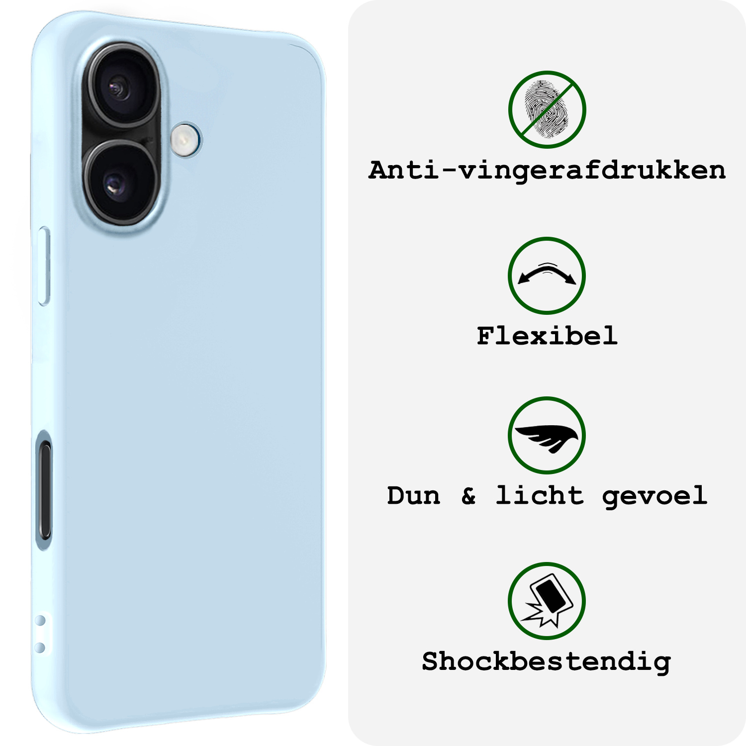 BASEY. Hoes Geschikt voor iPhone 16 Hoesje Siliconen Back Cover Case Met 2x Screenprotector - Hoesje Geschikt voor iPhone 16 Hoes Cover Hoesje - Lichtblauw