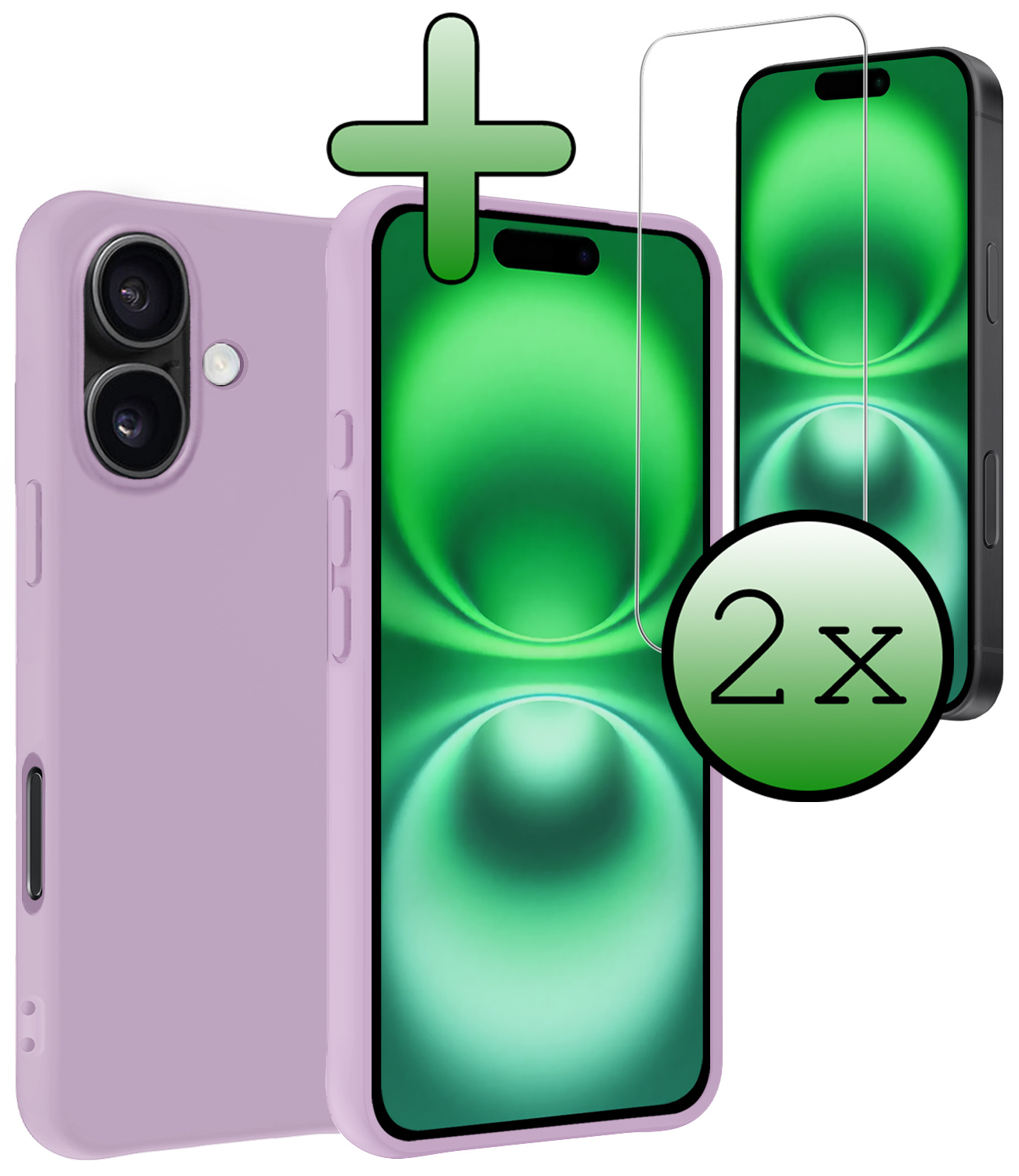 BASEY. Hoes Geschikt voor iPhone 16 Hoesje Siliconen Back Cover Case Met 2x Screenprotector - Hoesje Geschikt voor iPhone 16 Hoes Cover Hoesje - Lila