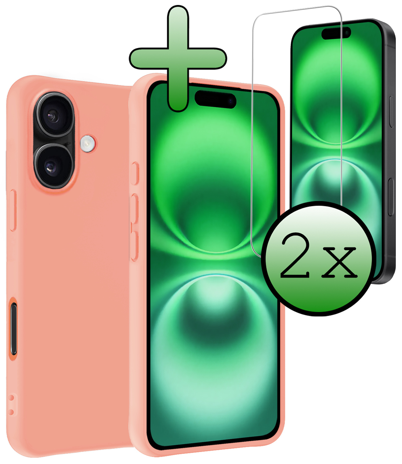 BASEY. Hoes Geschikt voor iPhone 16 Hoesje Siliconen Back Cover Case Met 2x Screenprotector - Hoesje Geschikt voor iPhone 16 Hoes Cover Hoesje - Perzik