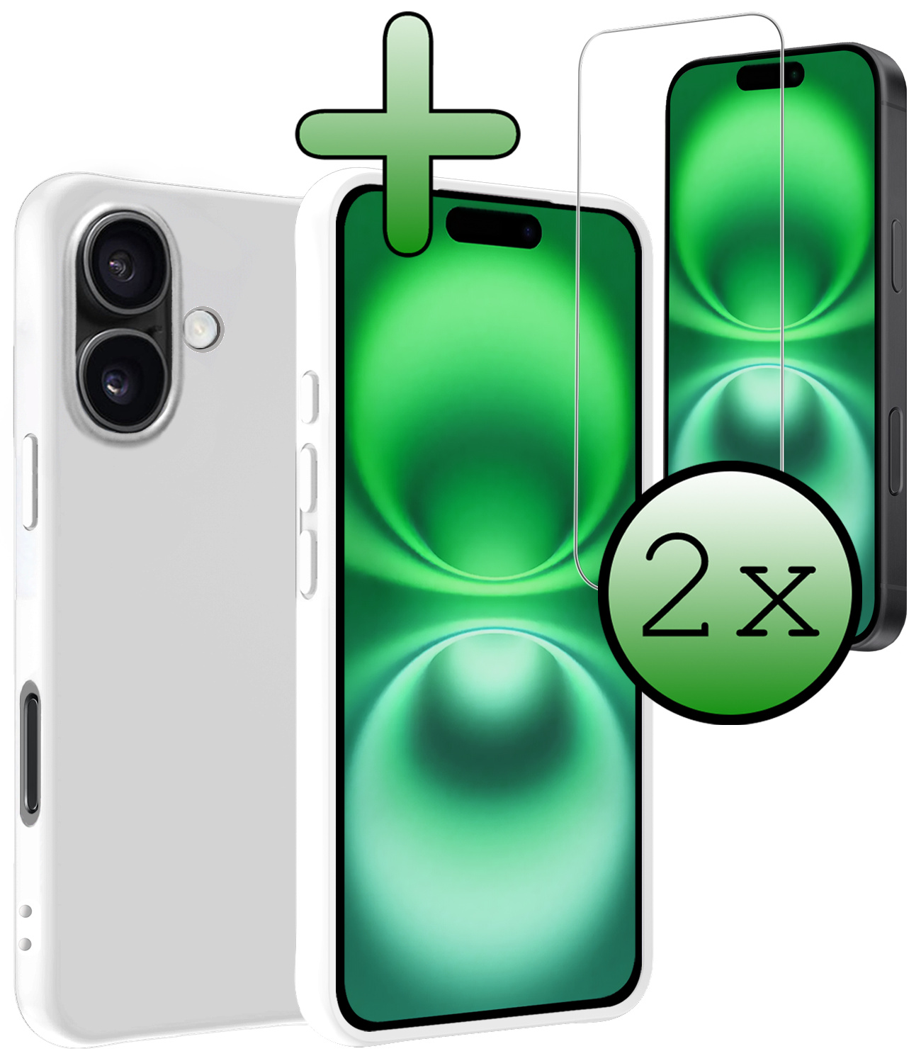 BASEY. Hoes Geschikt voor iPhone 16 Hoesje Siliconen Back Cover Case Met 2x Screenprotector - Hoesje Geschikt voor iPhone 16 Hoes Cover Hoesje - Wit