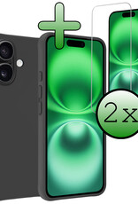 BASEY. Hoes Geschikt voor iPhone 16 Hoesje Siliconen Back Cover Case Met 2x Screenprotector - Hoesje Geschikt voor iPhone 16 Hoes Cover Hoesje - Zwart