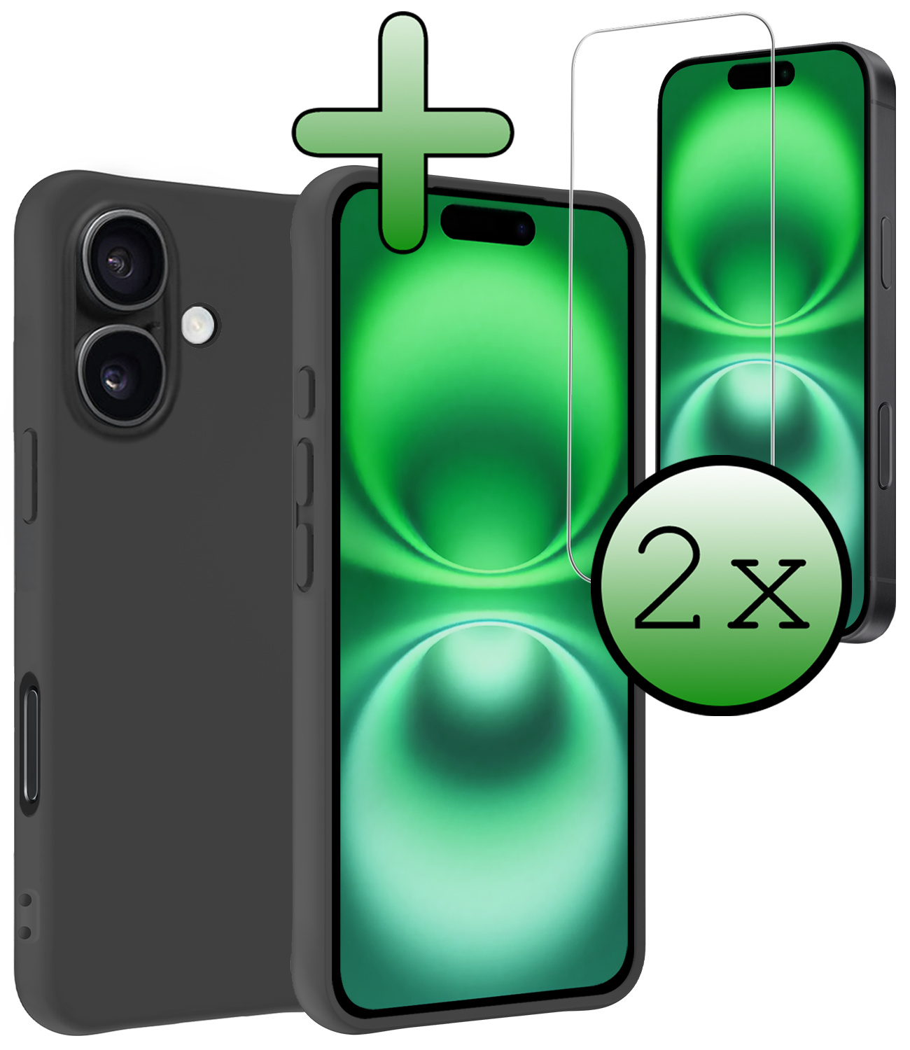 BASEY. Hoes Geschikt voor iPhone 16 Hoesje Siliconen Back Cover Case Met 2x Screenprotector - Hoesje Geschikt voor iPhone 16 Hoes Cover Hoesje - Zwart