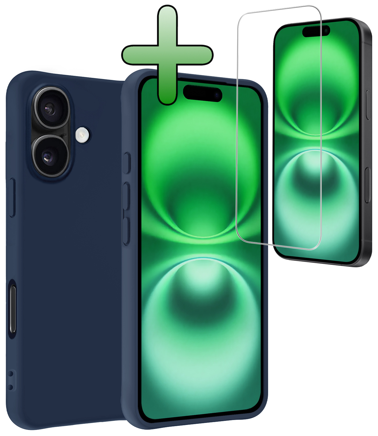 BASEY. Hoes Geschikt voor iPhone 16 Plus Hoesje Siliconen Back Cover Case Met Screenprotector - Hoesje Geschikt voor iPhone 16 Plus Hoes Cover Hoesje - Donkerblauw