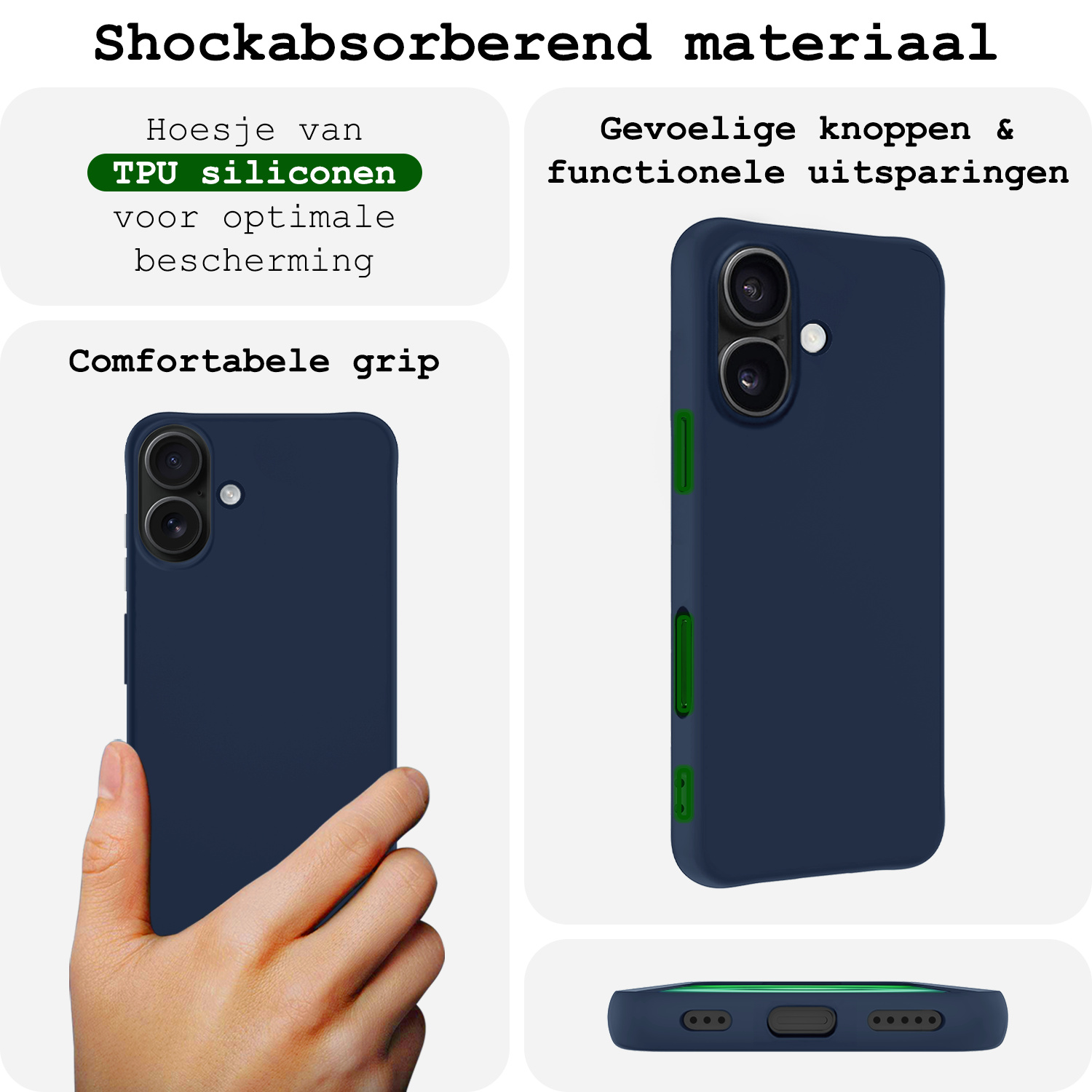 BASEY. Hoes Geschikt voor iPhone 16 Plus Hoesje Siliconen Back Cover Case Met Screenprotector - Hoesje Geschikt voor iPhone 16 Plus Hoes Cover Hoesje - Donkerblauw