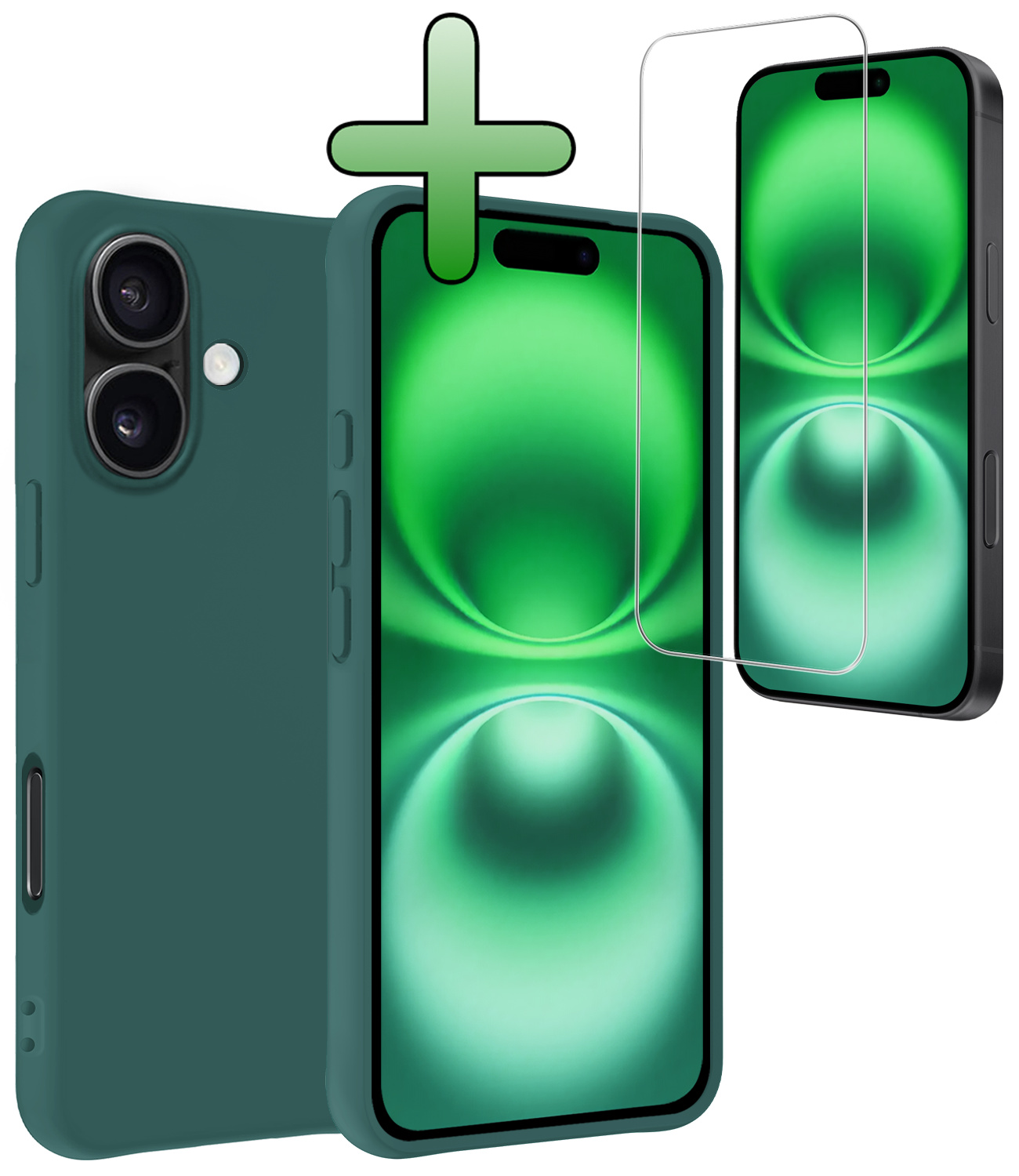 BASEY. Hoes Geschikt voor iPhone 16 Plus Hoesje Siliconen Back Cover Case Met Screenprotector - Hoesje Geschikt voor iPhone 16 Plus Hoes Cover Hoesje - Donkergroen