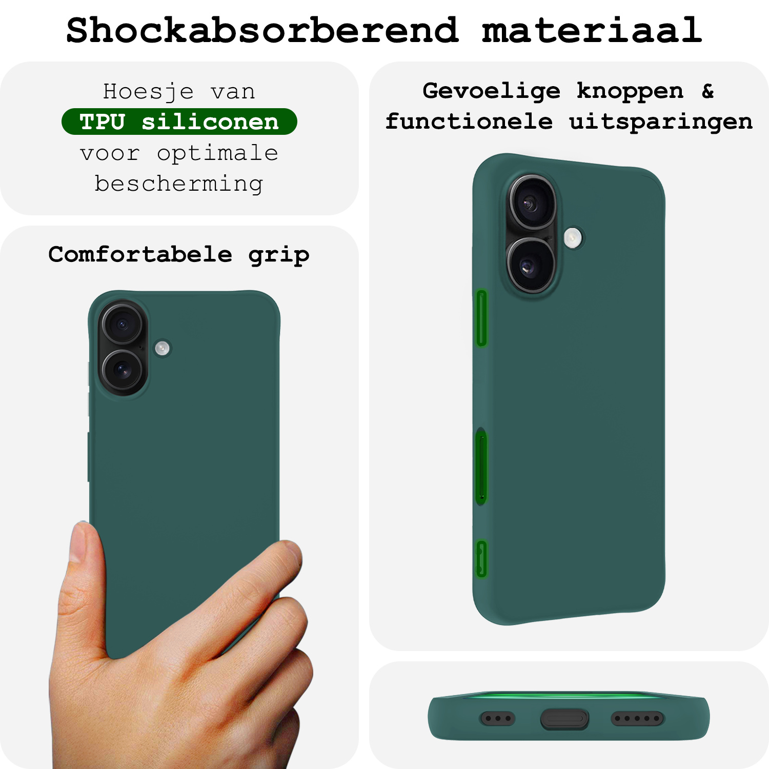 BASEY. Hoes Geschikt voor iPhone 16 Plus Hoesje Siliconen Back Cover Case Met Screenprotector - Hoesje Geschikt voor iPhone 16 Plus Hoes Cover Hoesje - Donkergroen