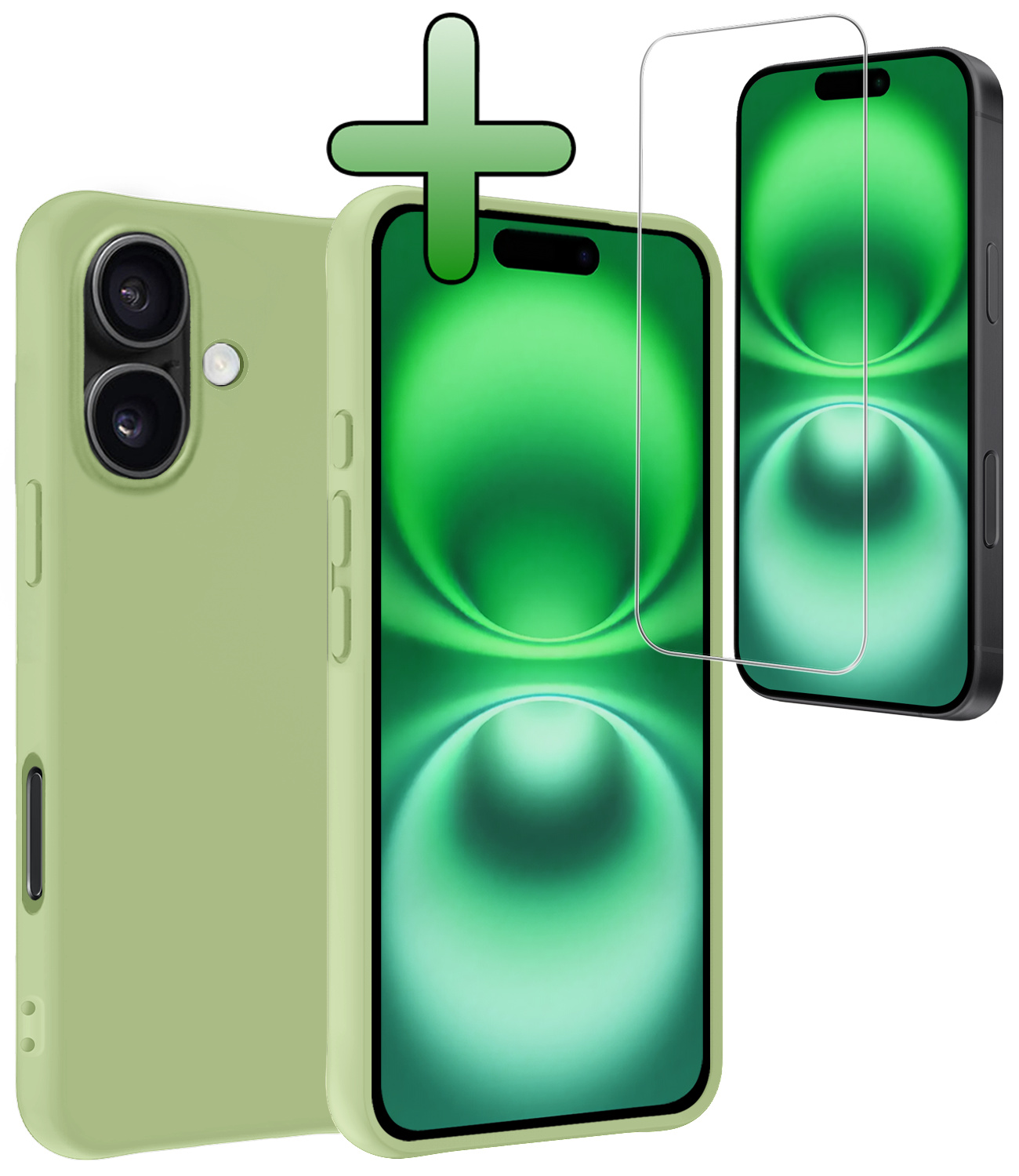 BASEY. Hoes Geschikt voor iPhone 16 Plus Hoesje Siliconen Back Cover Case Met Screenprotector - Hoesje Geschikt voor iPhone 16 Plus Hoes Cover Hoesje - Groen