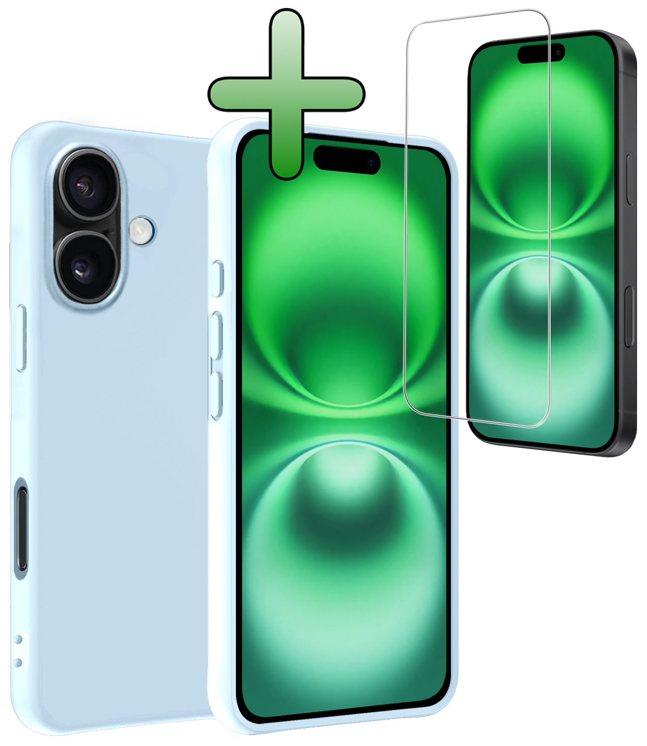 BASEY. Hoes Geschikt voor iPhone 16 Plus Hoesje Siliconen Back Cover Case Met Screenprotector - Hoesje Geschikt voor iPhone 16 Plus Hoes Cover Hoesje - Lichtblauw