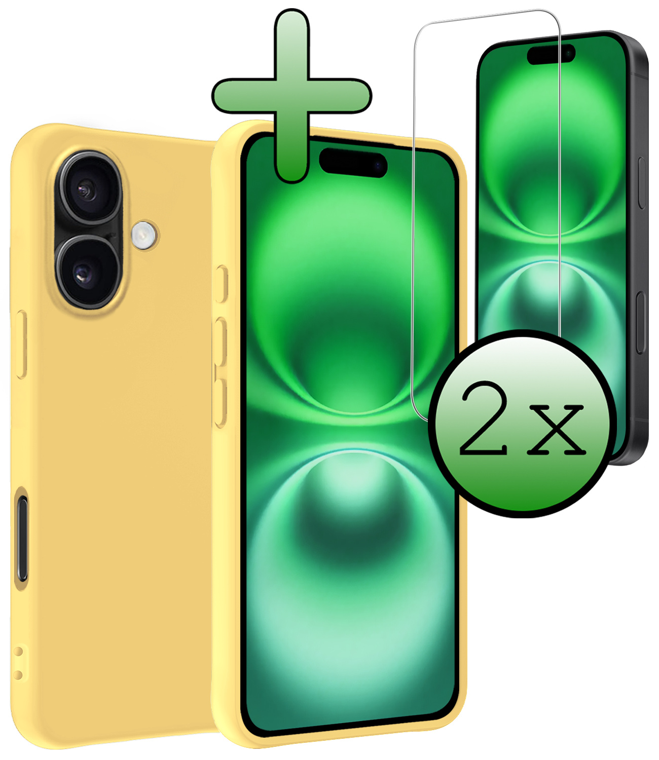 BASEY. Hoes Geschikt voor iPhone 16 Plus Hoesje Siliconen Back Cover Case Met 2x Screenprotector - Hoesje Geschikt voor iPhone 16 Plus Hoes Cover Hoesje - Geel