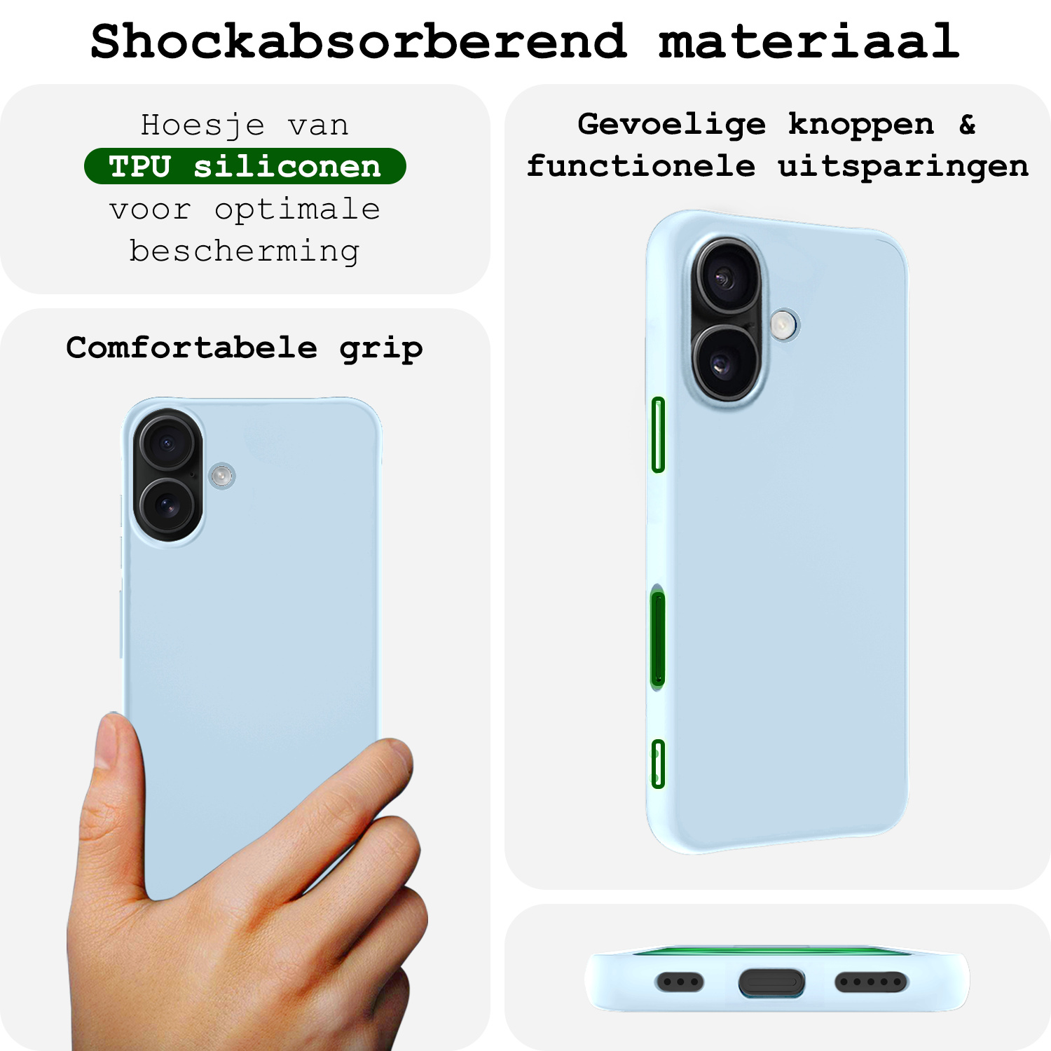 BASEY. Hoes Geschikt voor iPhone 16 Plus Hoesje Siliconen Back Cover Case Met 2x Screenprotector - Hoesje Geschikt voor iPhone 16 Plus Hoes Cover Hoesje - Lichtblauw