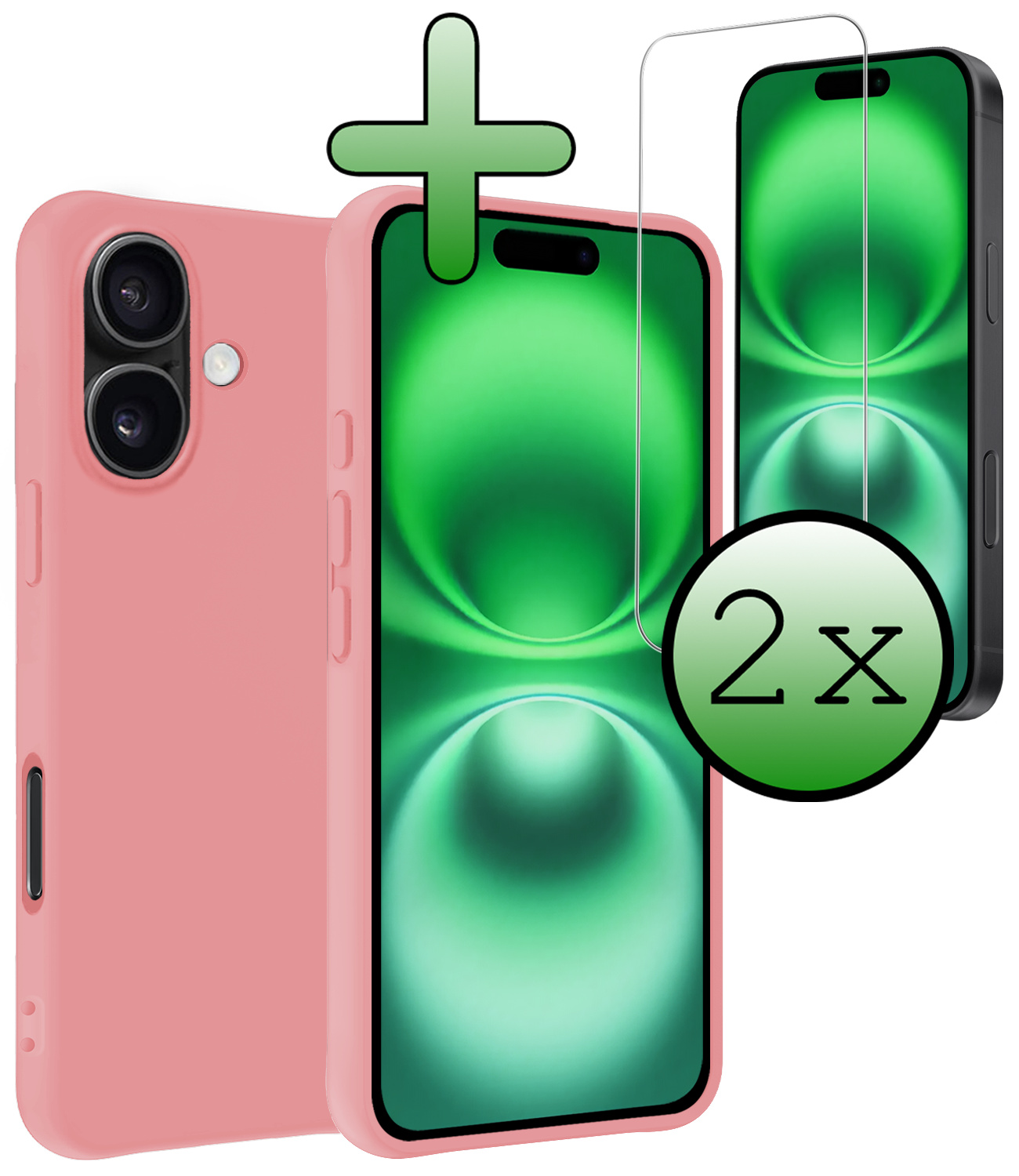 BASEY. Hoes Geschikt voor iPhone 16 Plus Hoesje Siliconen Back Cover Case Met 2x Screenprotector - Hoesje Geschikt voor iPhone 16 Plus Hoes Cover Hoesje - Lichtroze