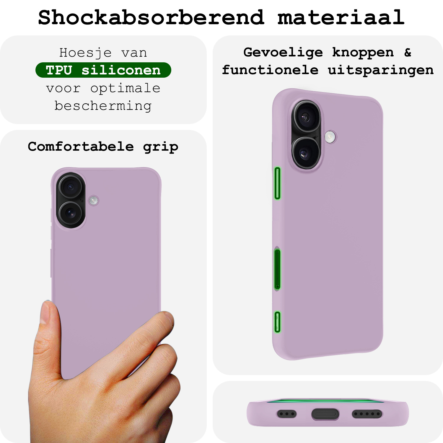 BASEY. Hoes Geschikt voor iPhone 16 Plus Hoesje Siliconen Back Cover Case Met 2x Screenprotector - Hoesje Geschikt voor iPhone 16 Plus Hoes Cover Hoesje - Lila