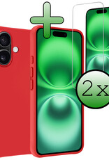 BASEY. Hoes Geschikt voor iPhone 16 Plus Hoesje Siliconen Back Cover Case Met 2x Screenprotector - Hoesje Geschikt voor iPhone 16 Plus Hoes Cover Hoesje - Rood