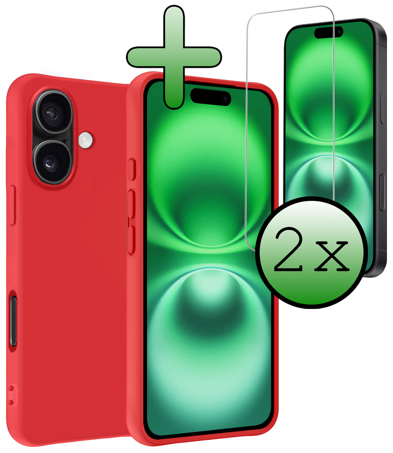 BASEY. Hoes Geschikt voor iPhone 16 Plus Hoesje Siliconen Back Cover Case Met 2x Screenprotector - Hoesje Geschikt voor iPhone 16 Plus Hoes Cover Hoesje - Rood