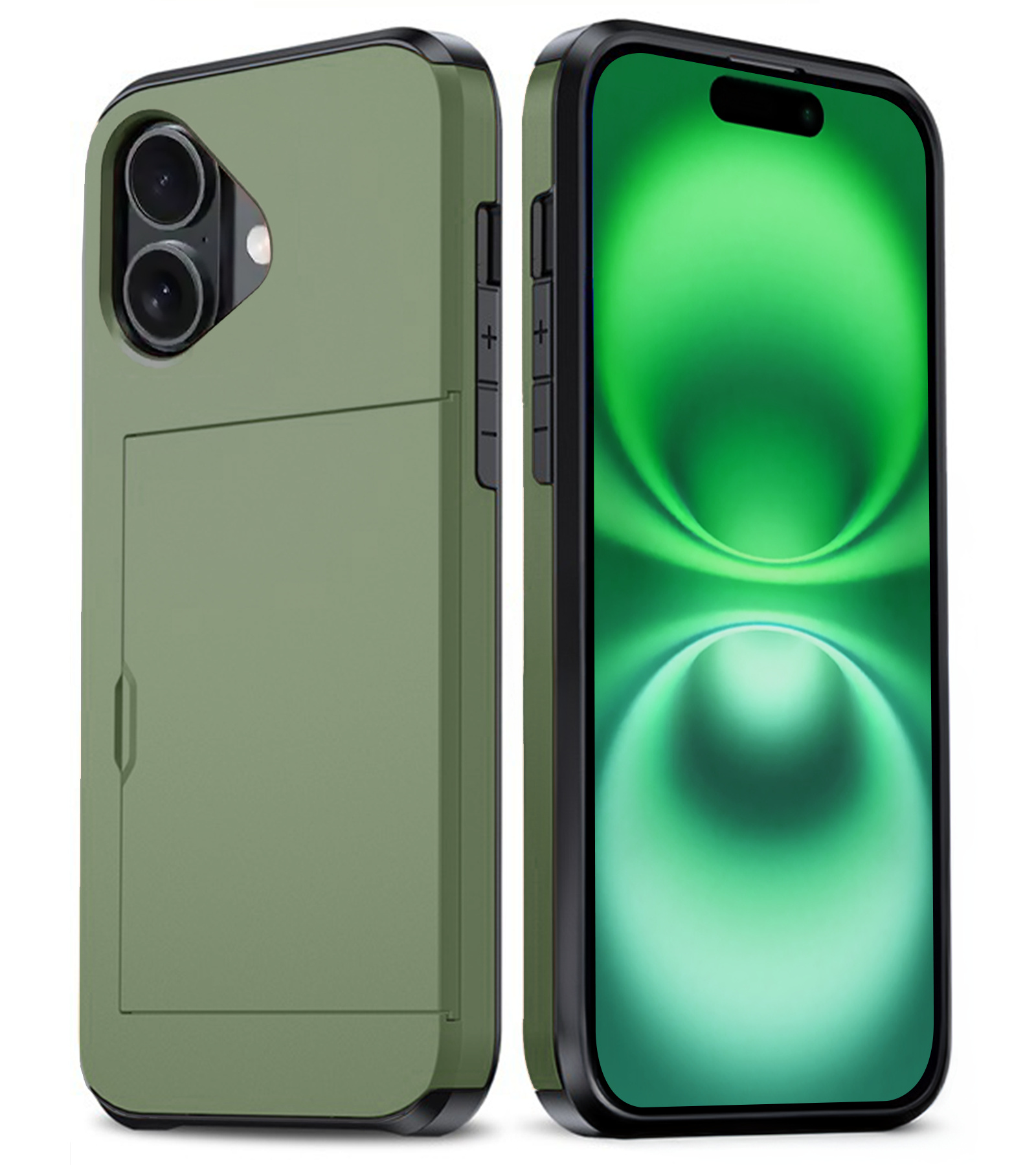 BASEY. Hoes Geschikt voor iPhone 16 Hoesje Hard Case Met Pas Houder - Hoesje Geschikt voor iPhone 16 Hoes Shockproof Hard Cover Met Kaarthouder - Donkergroen