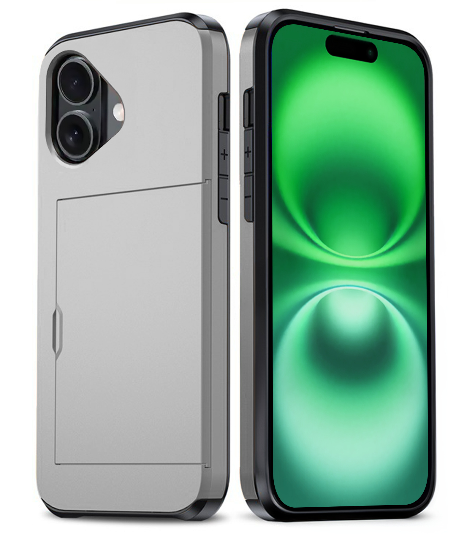 BASEY. Hoes Geschikt voor iPhone 16 Hoesje Hard Case Met Pas Houder - Hoesje Geschikt voor iPhone 16 Hoes Shockproof Hard Cover Met Kaarthouder - Grijs