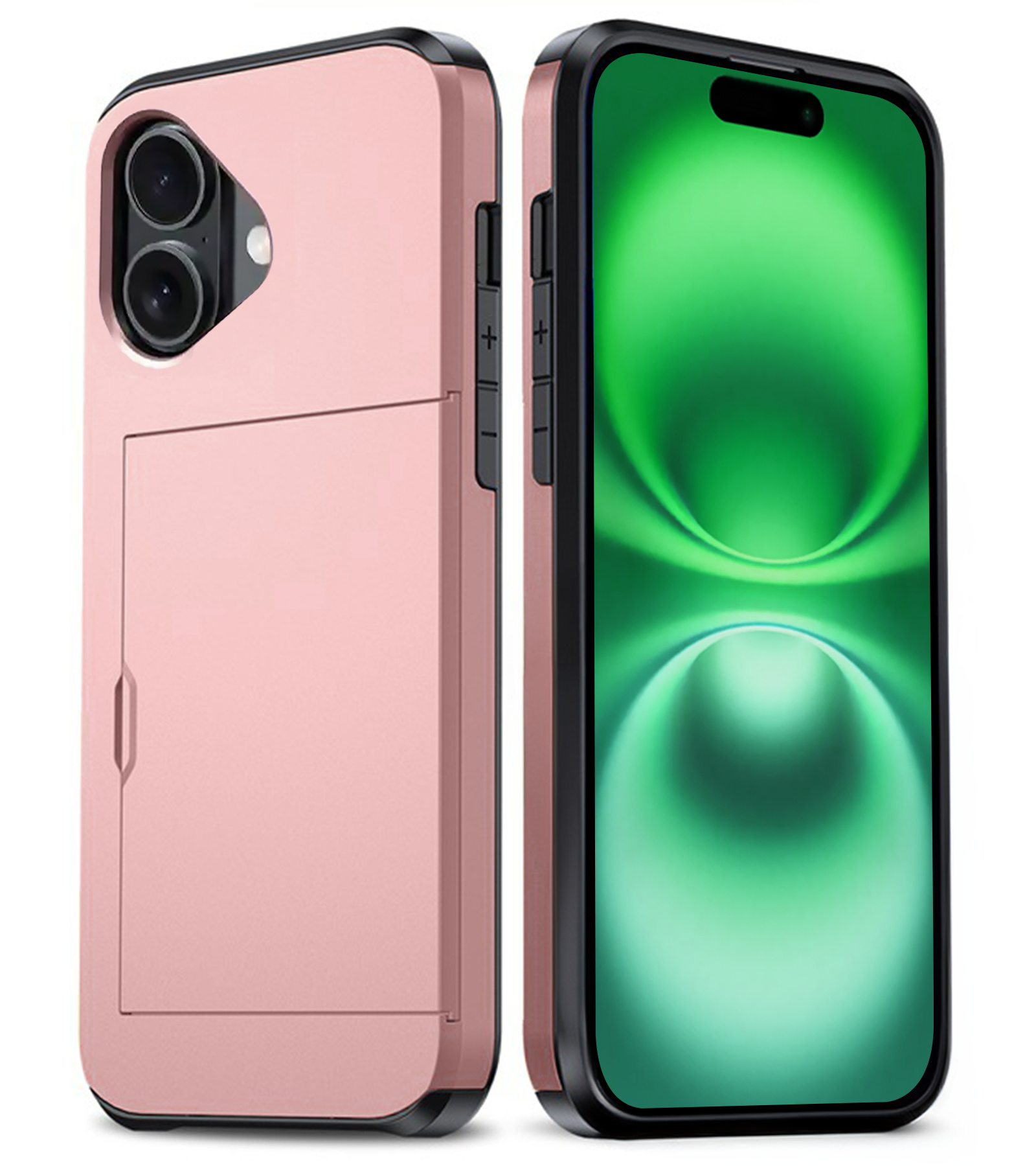 BASEY. Hoes Geschikt voor iPhone 16 Hoesje Hard Case Met Pas Houder - Hoesje Geschikt voor iPhone 16 Hoes Shockproof Hard Cover Met Kaarthouder - Rosé goud