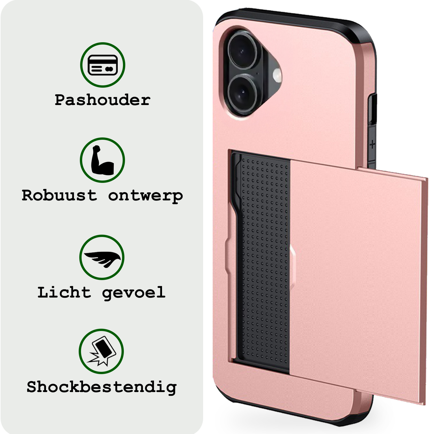 BASEY. Hoes Geschikt voor iPhone 16 Hoesje Hard Case Met Pas Houder - Hoesje Geschikt voor iPhone 16 Hoes Shockproof Hard Cover Met Kaarthouder - Rosé goud