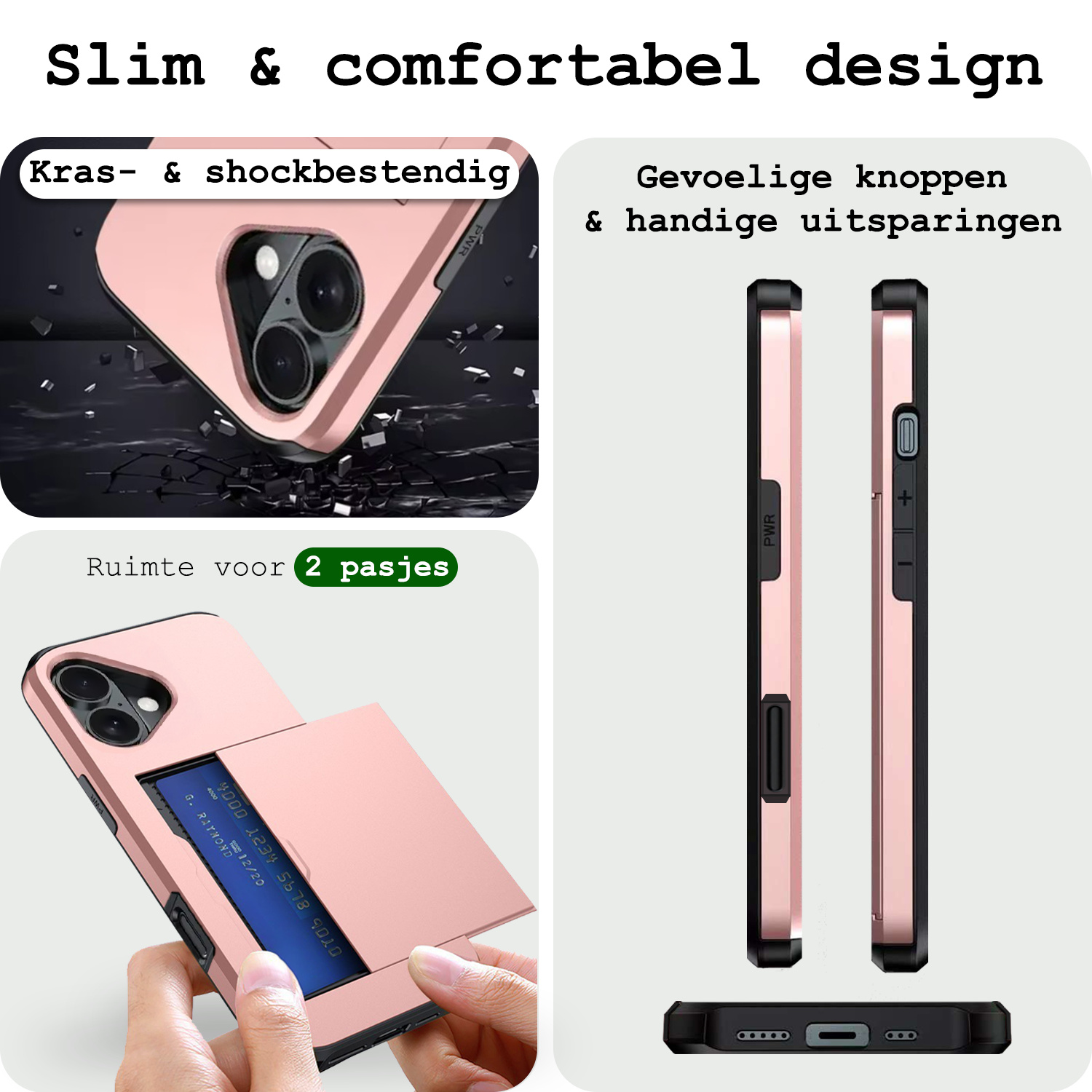 BASEY. Hoes Geschikt voor iPhone 16 Hoesje Hard Case Met Pas Houder - Hoesje Geschikt voor iPhone 16 Hoes Shockproof Hard Cover Met Kaarthouder - Rosé goud