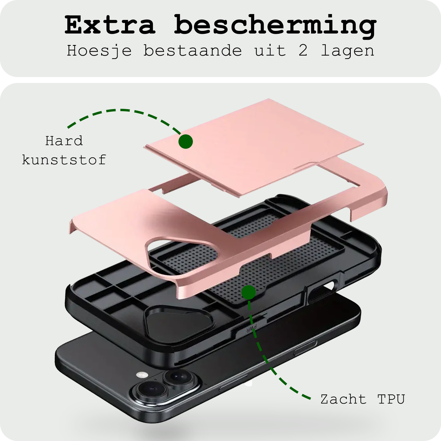 BASEY. Hoes Geschikt voor iPhone 16 Hoesje Hard Case Met Pas Houder - Hoesje Geschikt voor iPhone 16 Hoes Shockproof Hard Cover Met Kaarthouder - Rosé goud