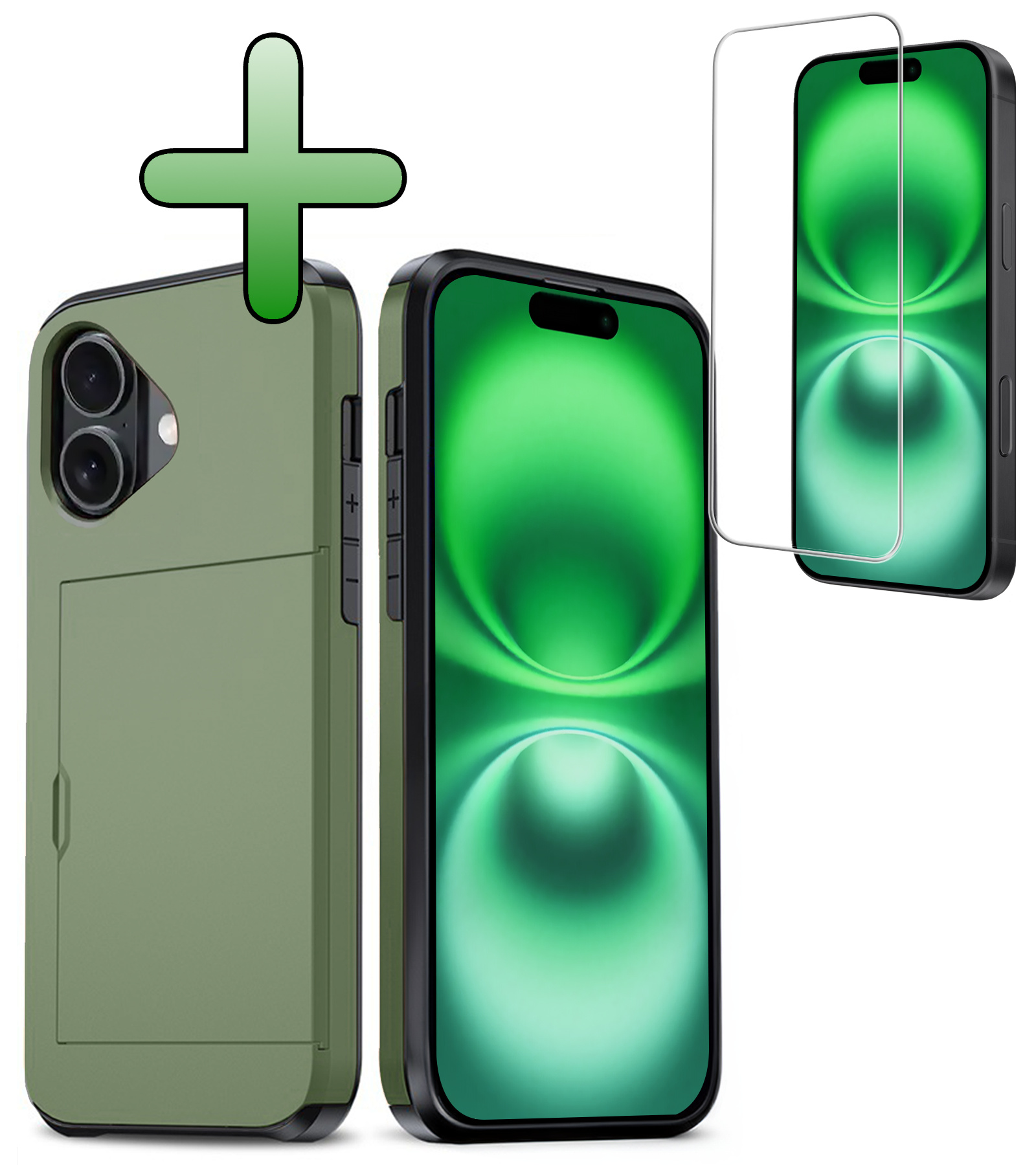 BASEY. Hoes Geschikt voor iPhone 16 Hoesje Hard Case Met Pas Houder Met Screenprotector - Hoesje Geschikt voor iPhone 16 Hoes Shockproof Hard Cover Met Kaarthouder - Donkergroen