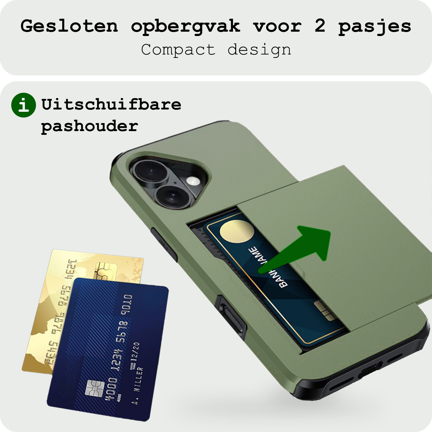BASEY. Hoes Geschikt voor iPhone 16 Hoesje Hard Case Met Pas Houder Met Screenprotector - Hoesje Geschikt voor iPhone 16 Hoes Shockproof Hard Cover Met Kaarthouder - Donkergroen