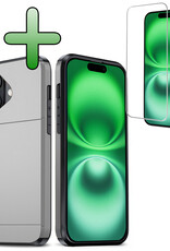 BASEY. Hoes Geschikt voor iPhone 16 Hoesje Hard Case Met Pas Houder Met Screenprotector - Hoesje Geschikt voor iPhone 16 Hoes Shockproof Hard Cover Met Kaarthouder - Grijs